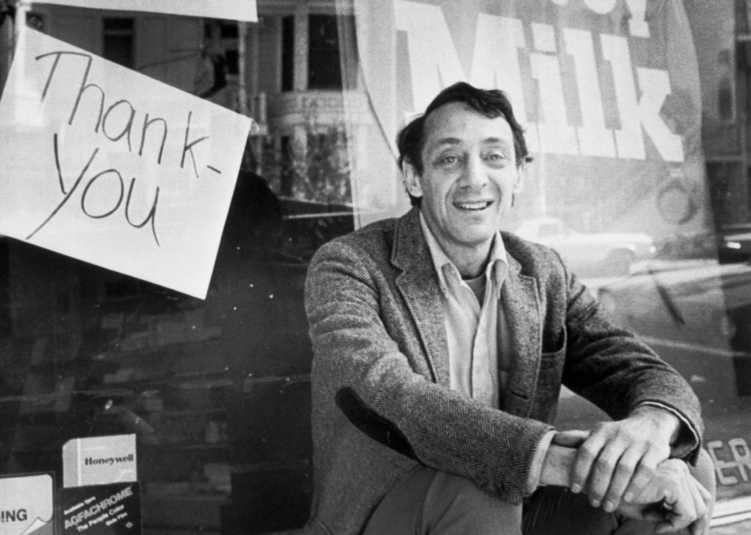 Portrait of smiling Harvey Milk outside of camera shop in San Francisco.