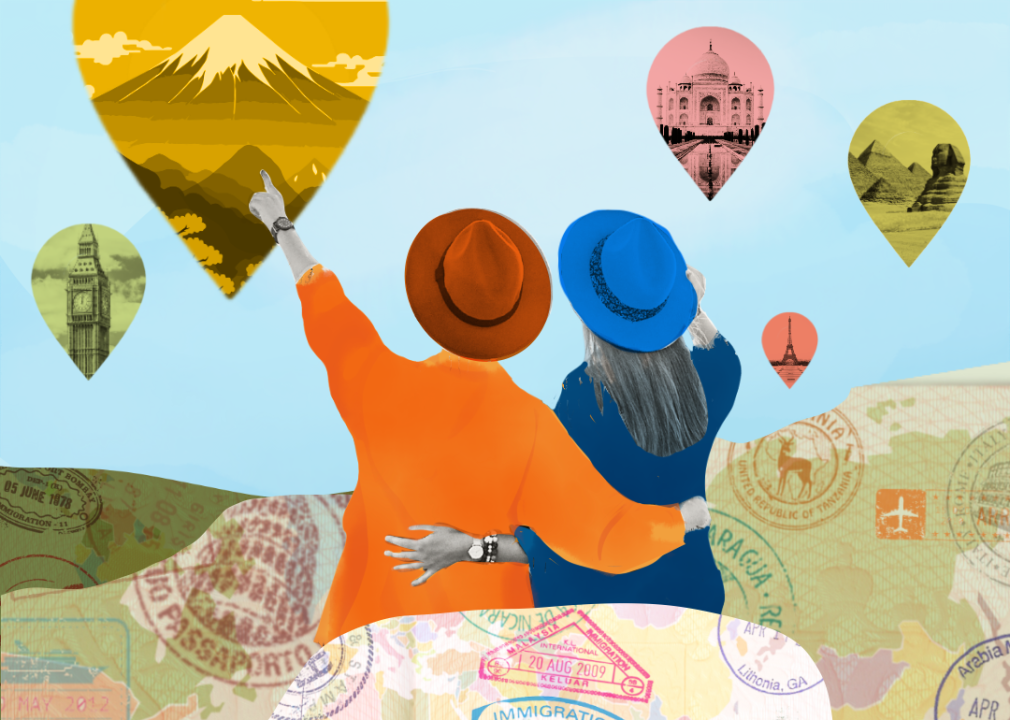 Collage illustration showing two people pointing at map pins floating in the sky.