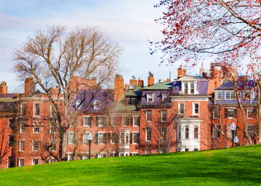 Beacon street view from Boston Common park.
