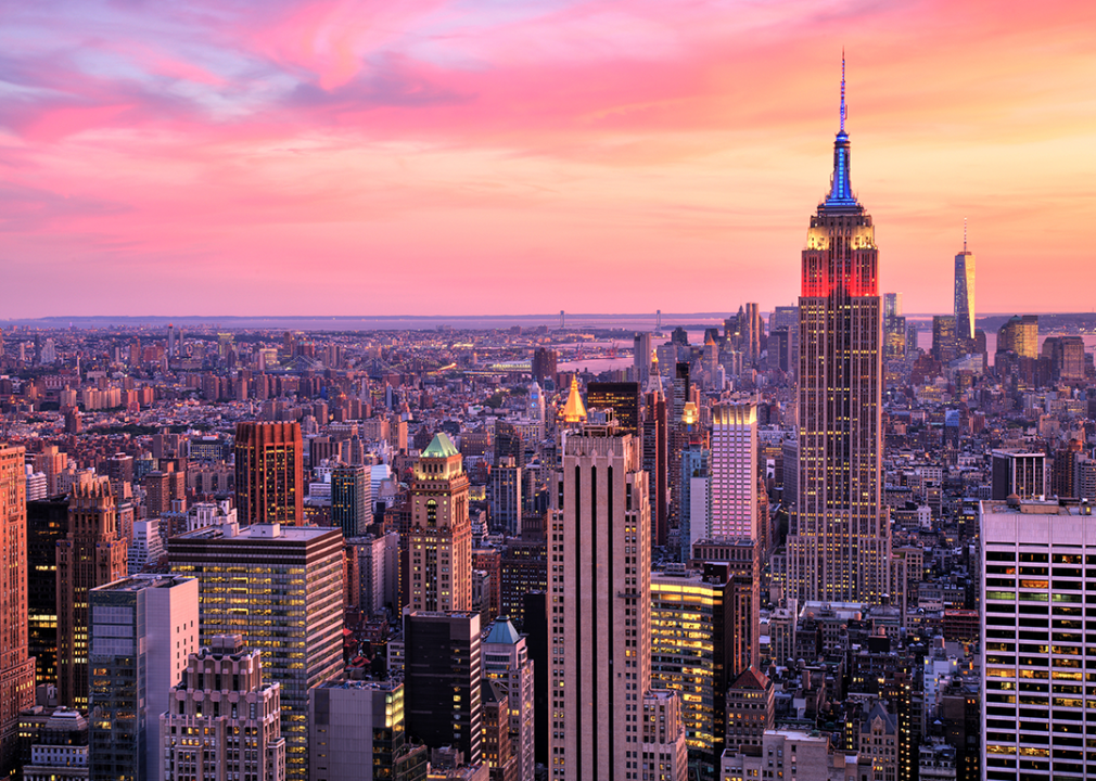 Elevated view of midtown Manhattan Empire State Building at sunset.