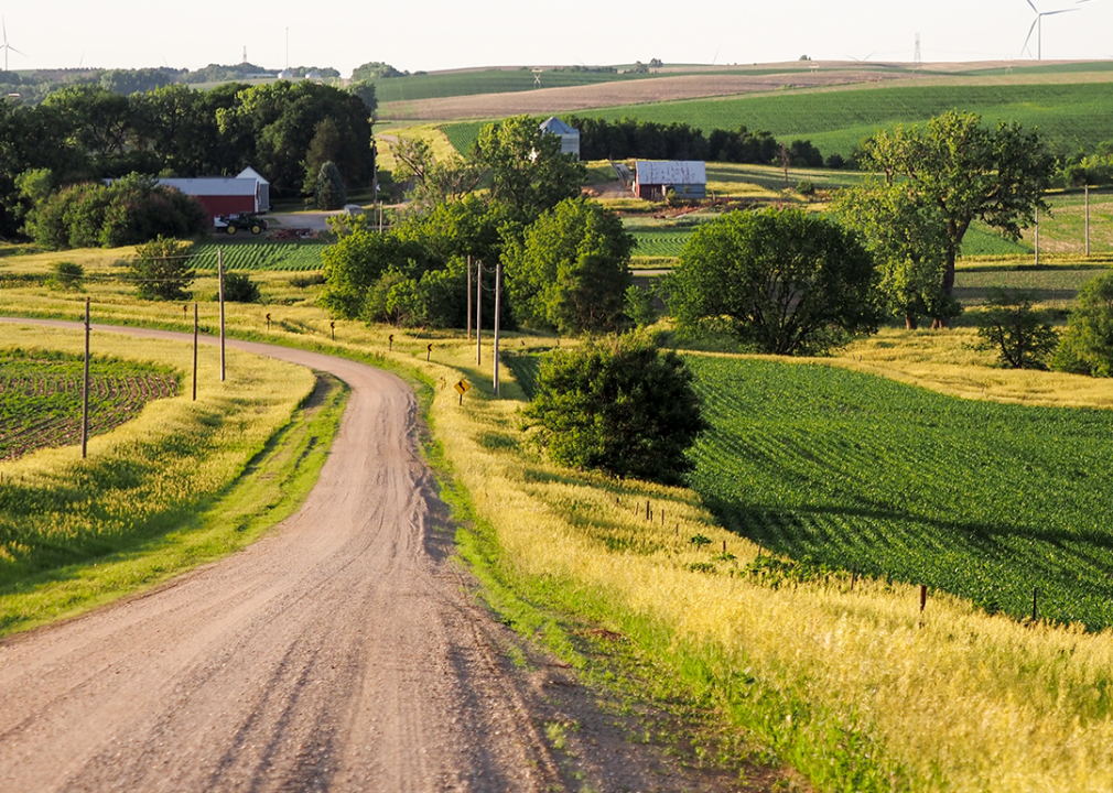 Windmills and farmland in Nebraska.