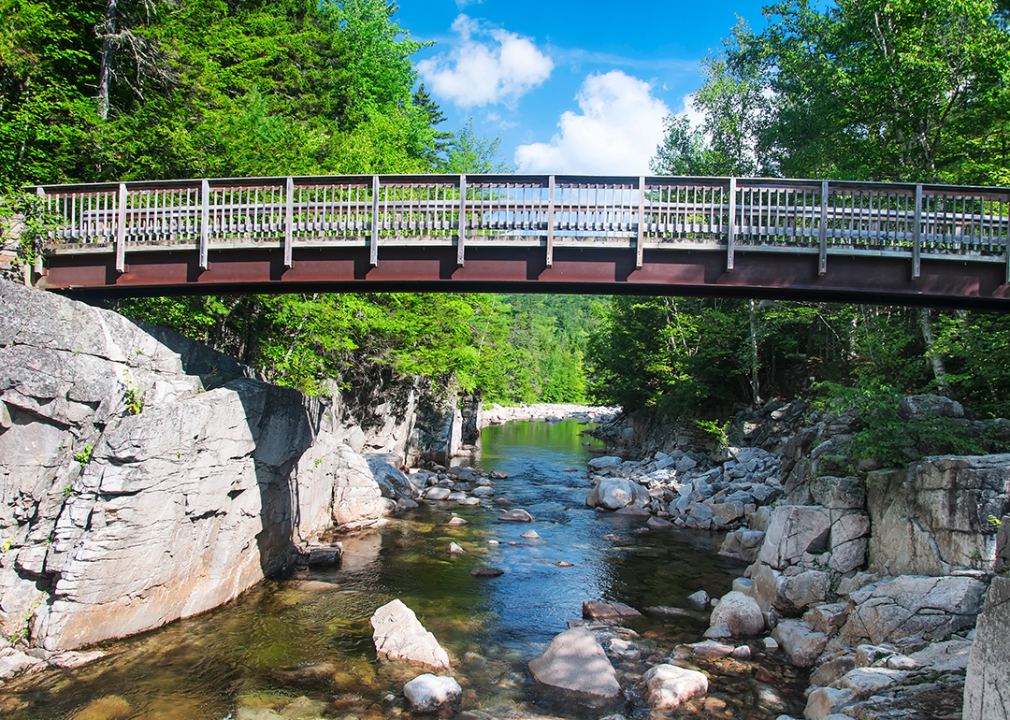 A bridge over the rocky gorge scenic area on Kancamagus Highway.