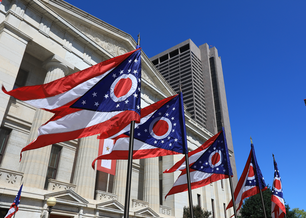 State of Ohio flags waving in front of the Statehouse in Columbus.