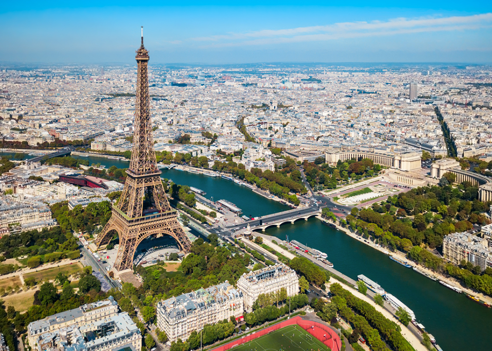 Aerial view of the Eiffel Tower and surrounding neighborhoods.