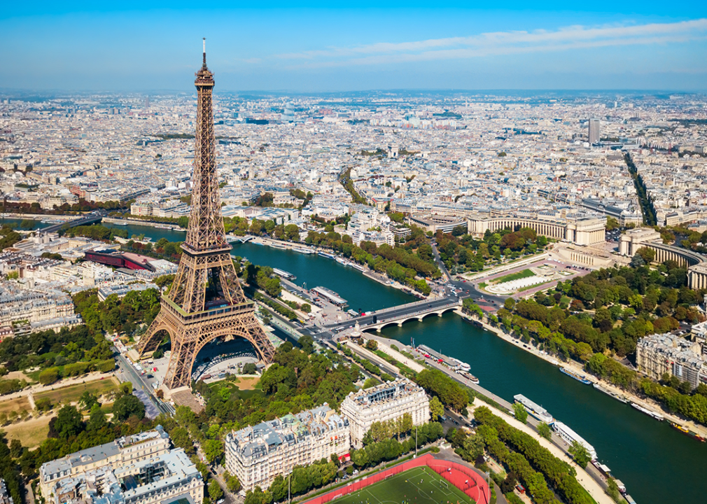 Aerial view of Eiffel Tower and surrounding neighborhoods.