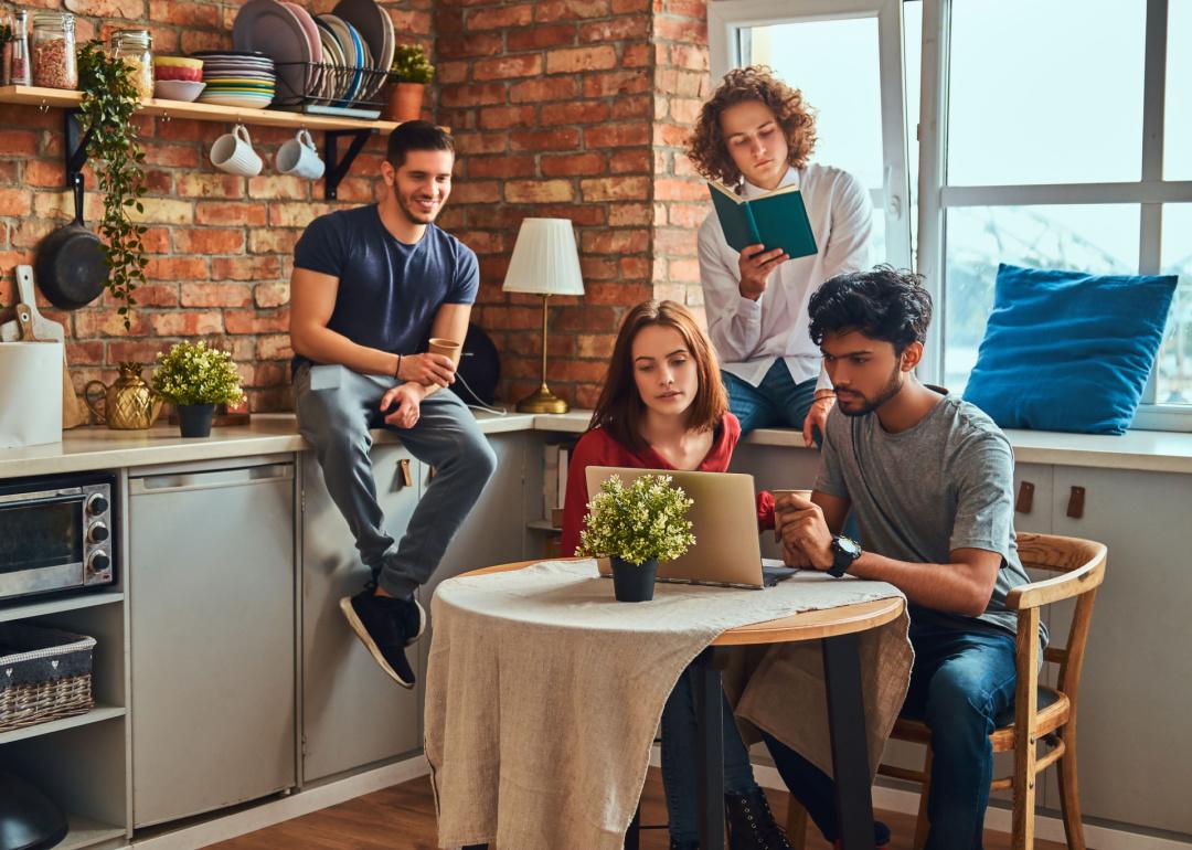 Students gathered in dorm kitchen