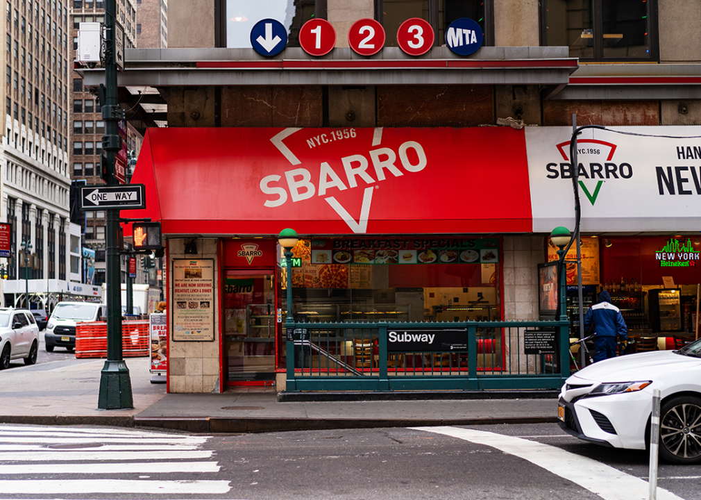 Exterior of a Sbarro pizza restaurant New York City.