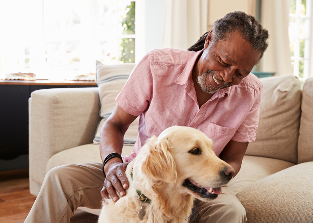 Smiling senior man sitting on his couch at home while petting a golden retriever in front of him.