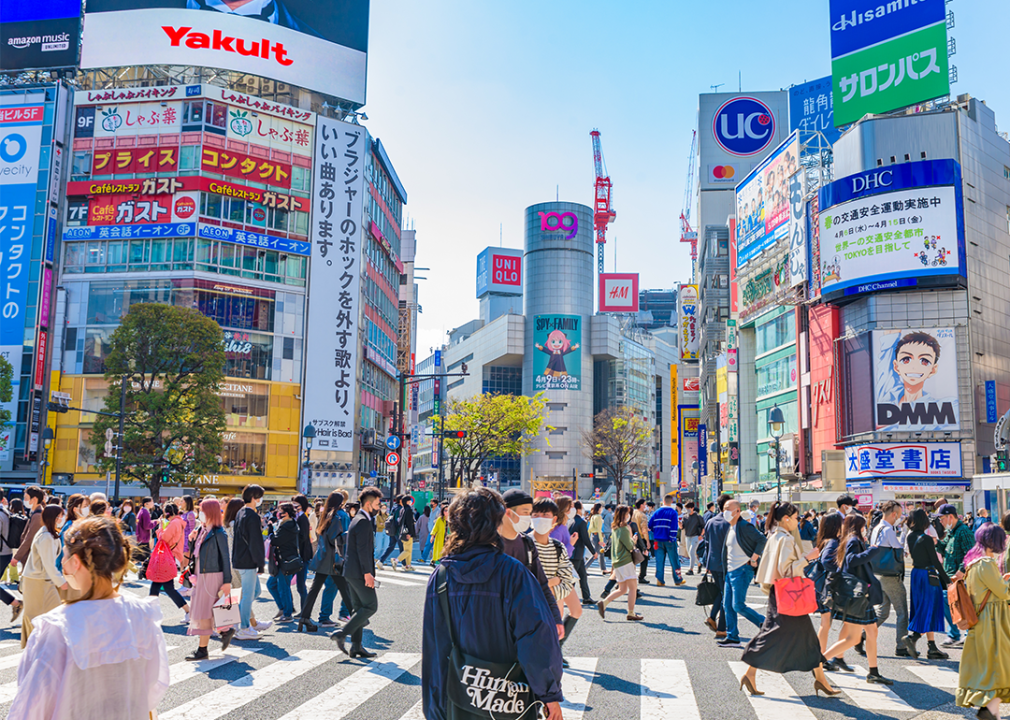 People in Shibuya Crossing on a sunny day.