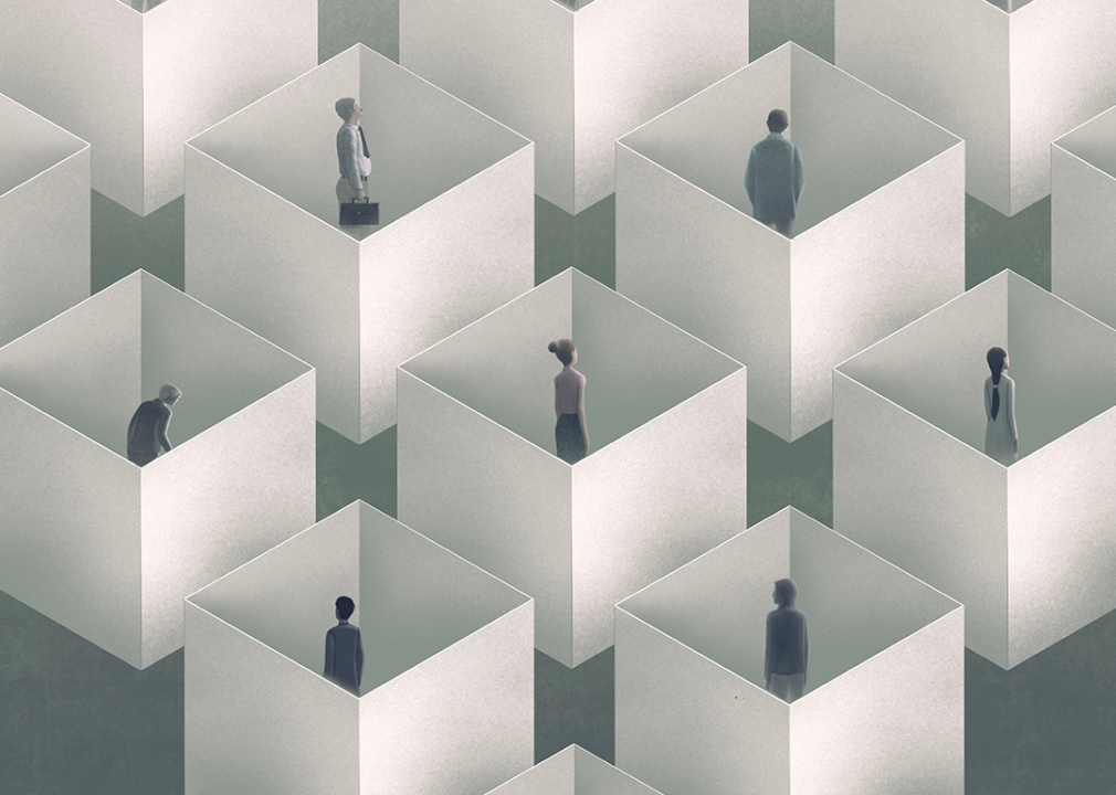 Conceptual illustration depicting lonely people in cubes.