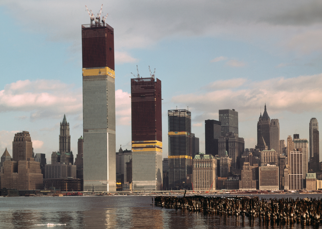 Manhattan skyline with Twin Towers under construction.