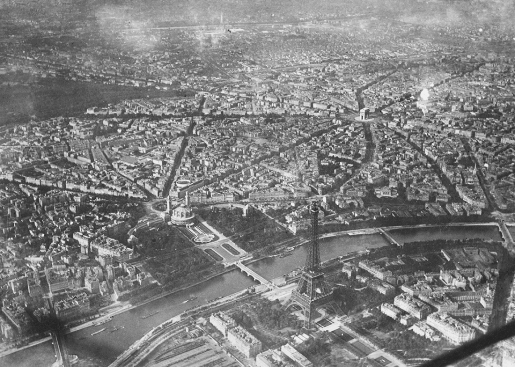 Aerial view of Paris, showing the Eiffel Tower and Palais de Trocadero, on the right bank of the River Seine.