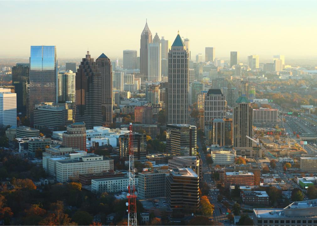 Elevated view of Atlanta skyscrapers and cityscape.