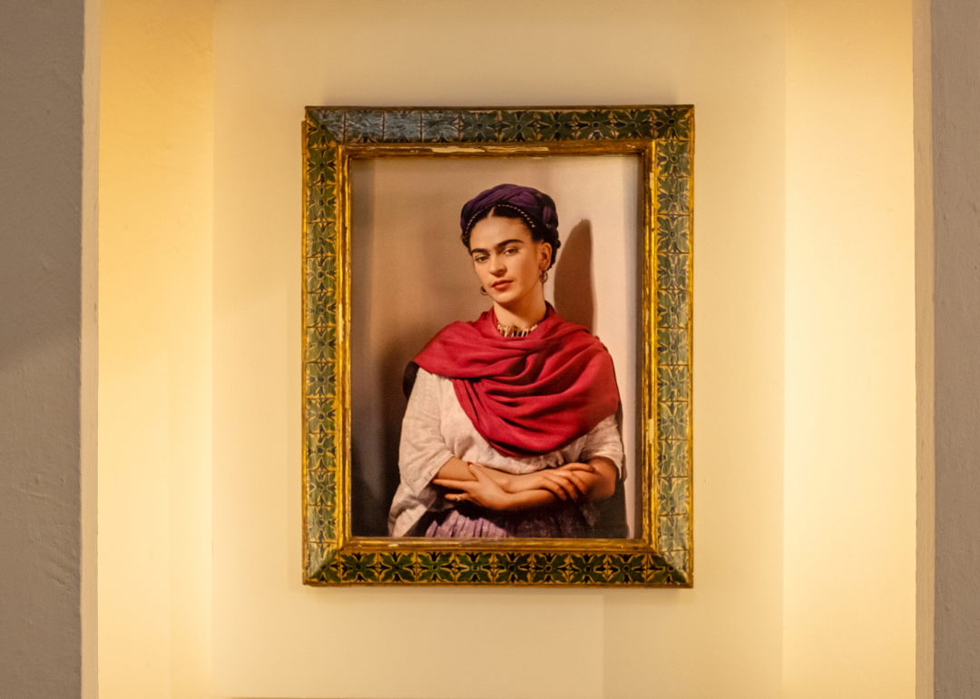 Portrait of Frida Kahlo inside Casa Azul museum.