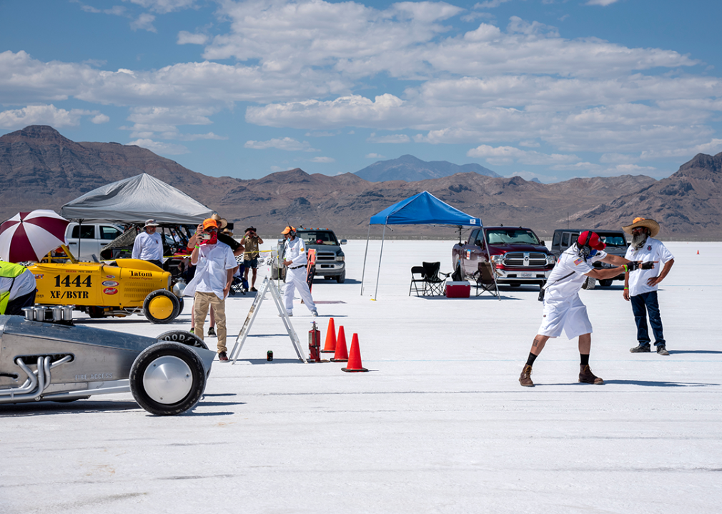 Racers setting up at Bonneville Salt Flats.