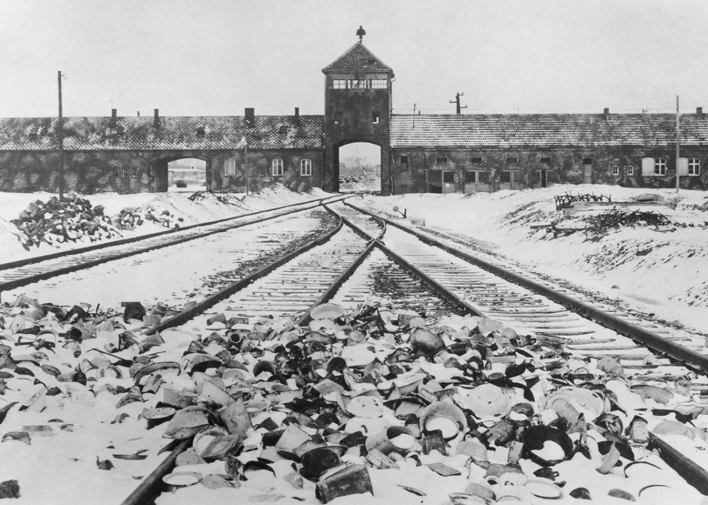 Entrance to Auschwitz Camp after liberation.