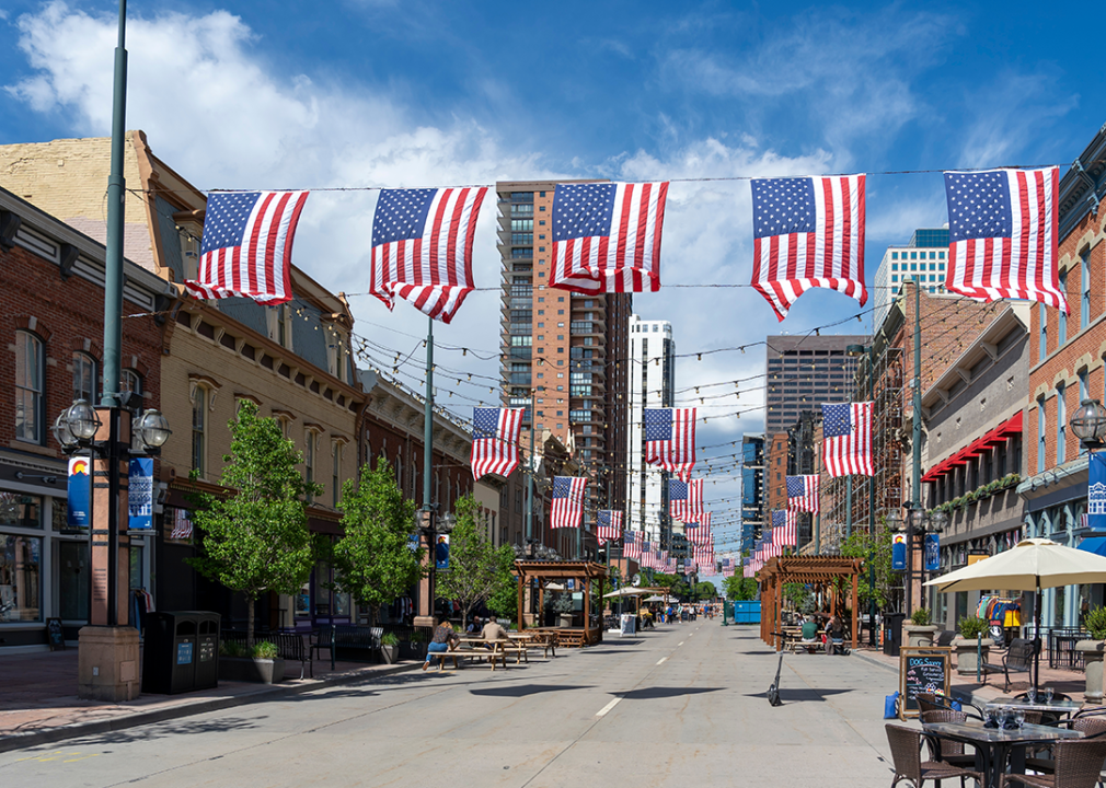 American flags flying at Larimer Square in Denver.