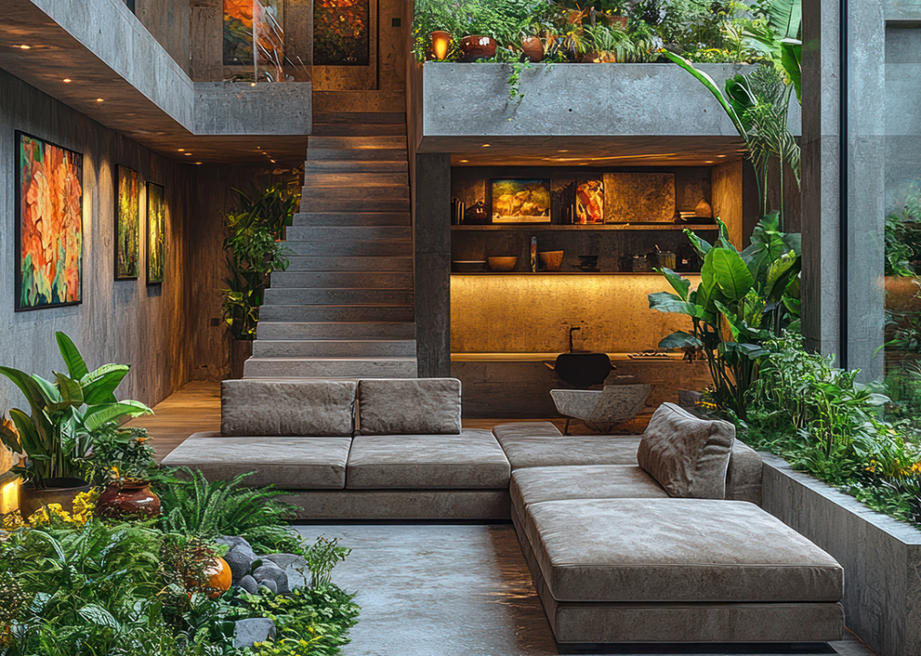 Comfortable sofas in the living room, lots of greenery and a window to the outside.