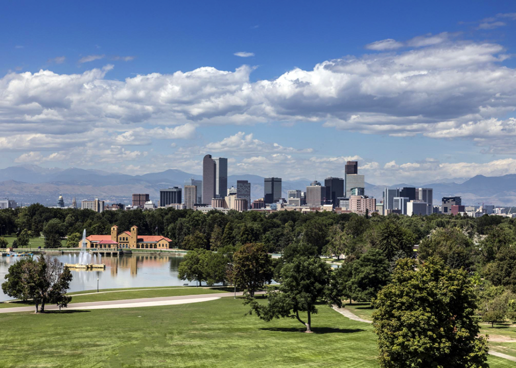 Denver skyline across Ferril Lake in City Park.