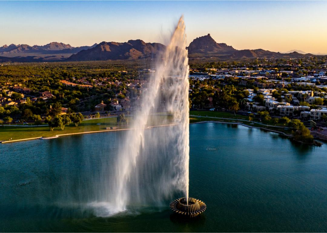 Aerial view of the Fountain Hills park fountain and neighborhoods.