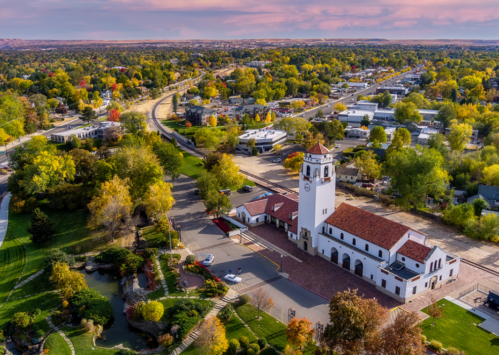 Autumn trees and train depot in Boise.