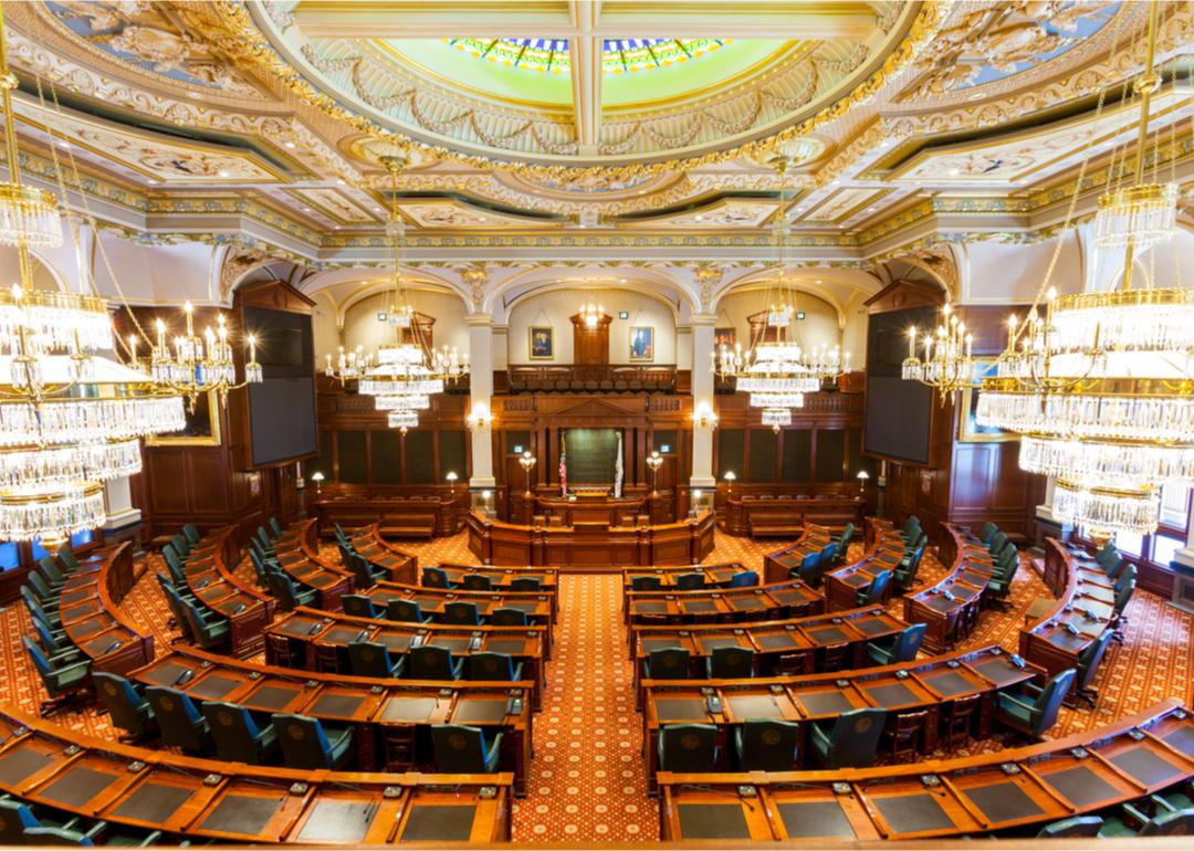 Interior of the Senate Chamber of the Illinois State Capitol.