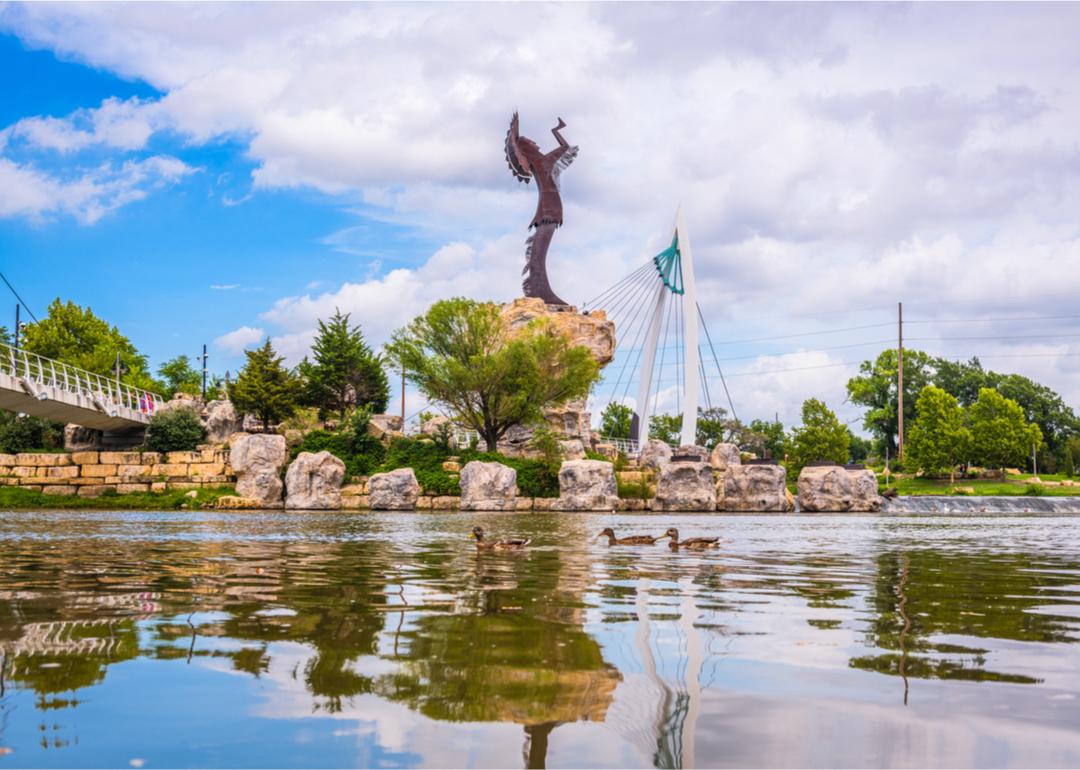 River and Keeper of the Plains statue near downtown Wichita.