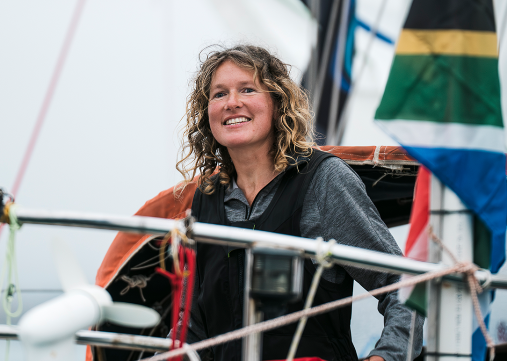 Kirsten Neuschäfer aboard her boat after winning the 2022 Golden Globe Race.
