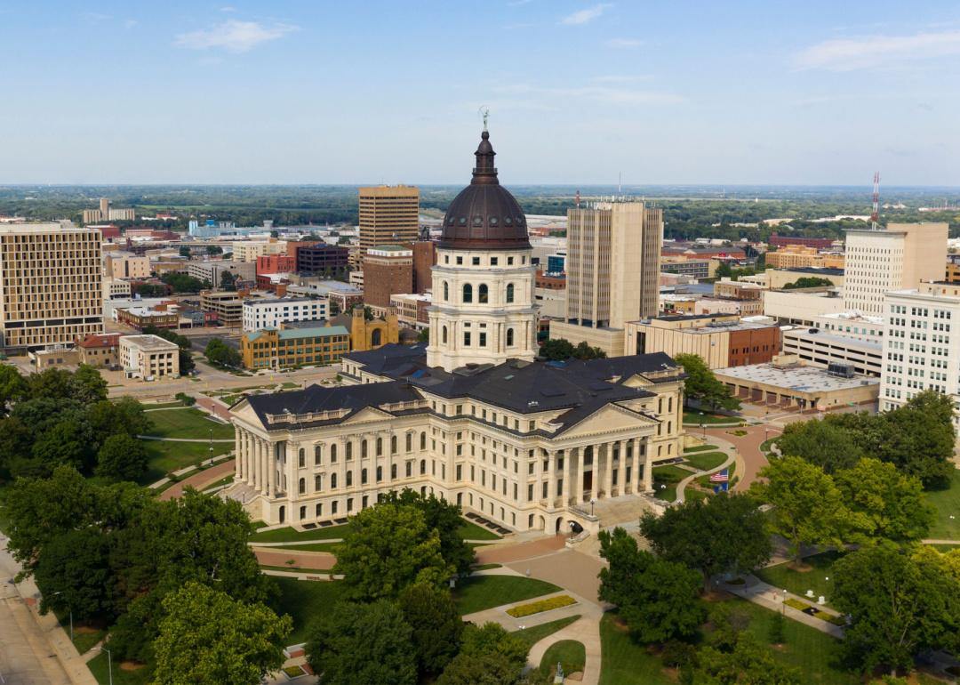 Aerial view of Topeka Kansas with statehouse