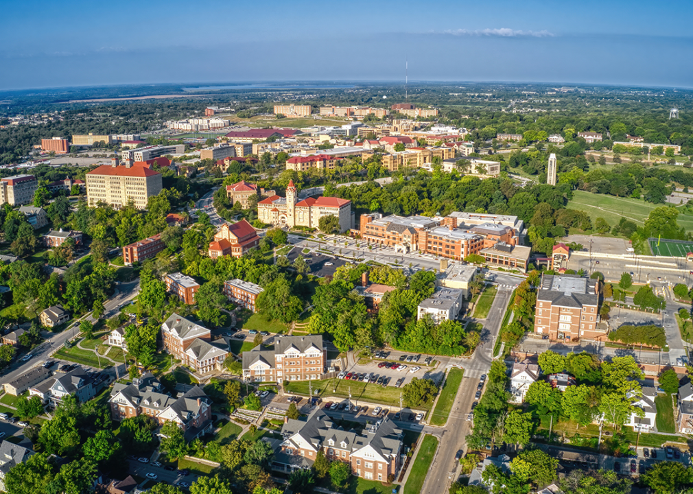 Aerial view of Lawrence and a university.