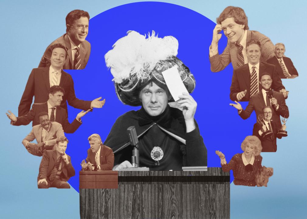 Photo illustration with various late night talk show hosts in a circle around Johnny Carson.
