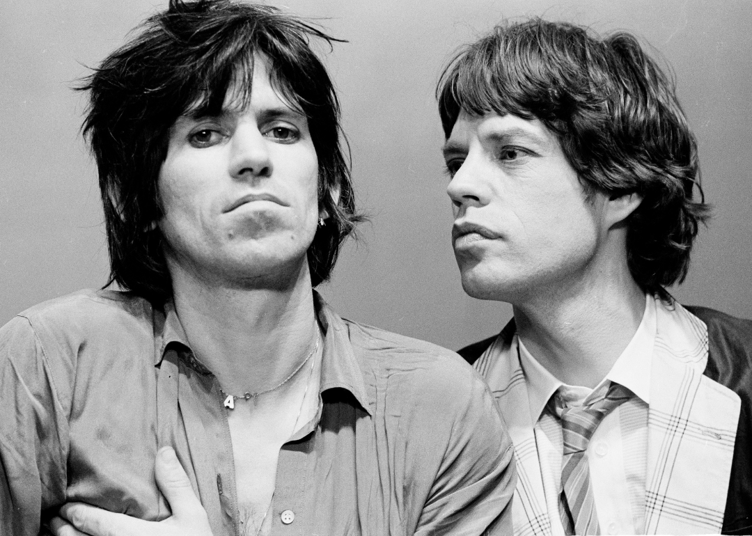 Keith Richards and Mick Jagger on the set of a video shoot.