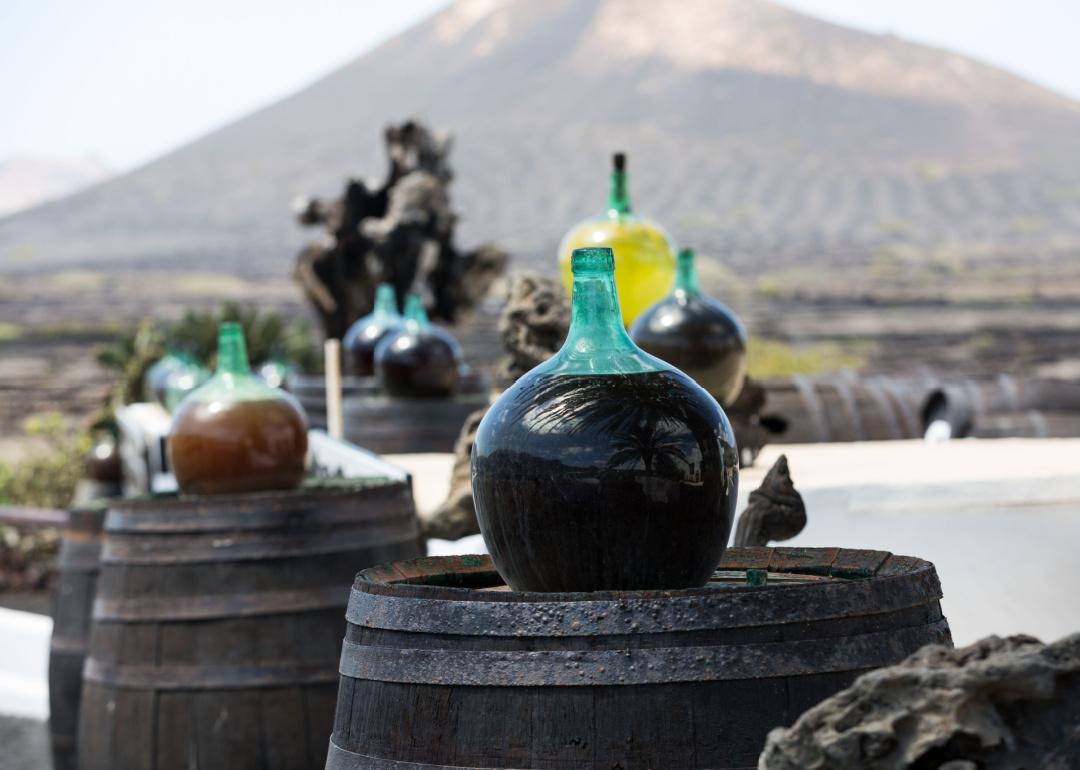 Wine barrels and large bottles in Lazarote vineyard