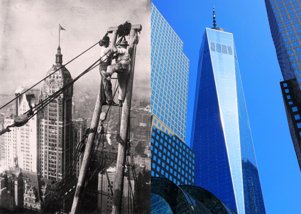 Construction workers above New York City skyline with Singer Building circa 1925 in background and cropped view of One World Trade Center and high rises.