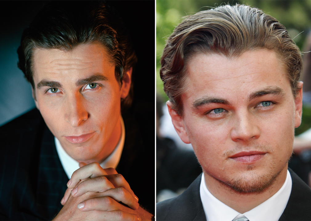 On left, Christian Bale as Patrick Bateman; on right Leonardo DiCaprio at ‘Gangs of New York’ screening at Cannes in 2002.