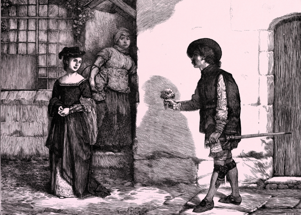 Engraving depicting a man presenting a woman with flowers.