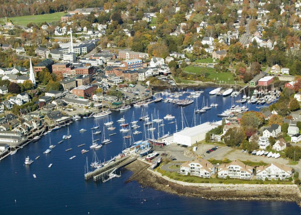 Aerial view of Bar Harbor in autumn.