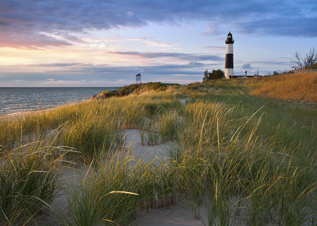 Big Sable Point Lighthouse and the Lake Michigan shoreline.