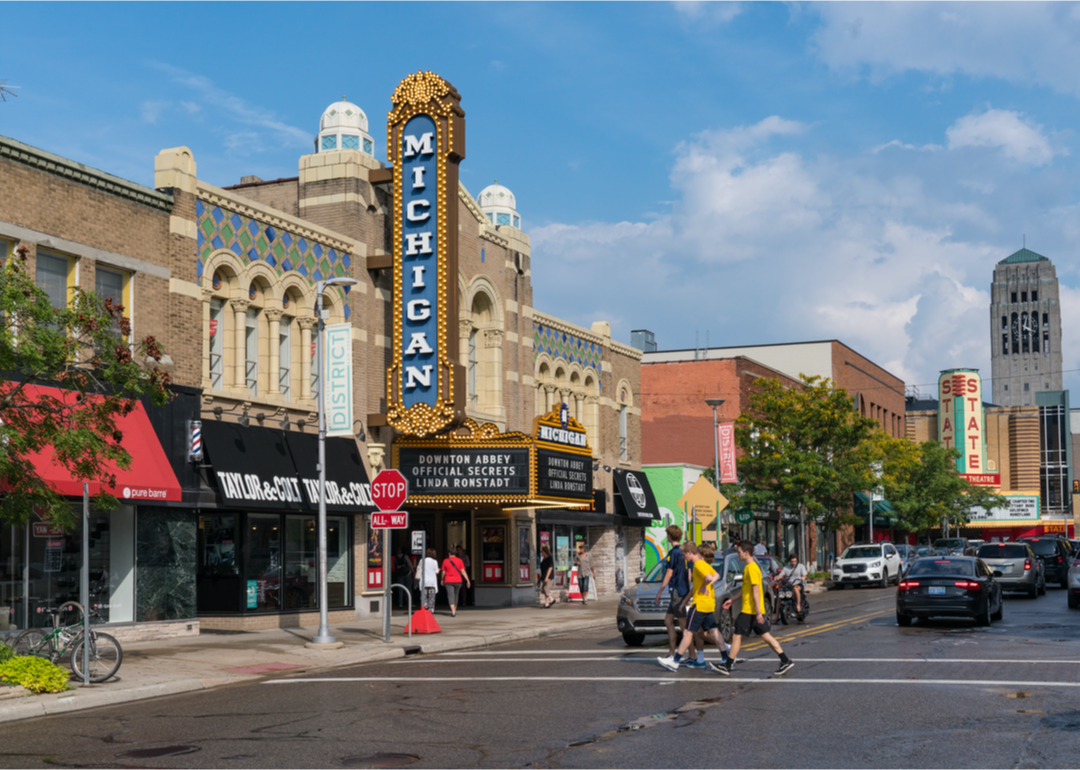 Pedestrians walking in downtown Ann Arbor, Michigan.