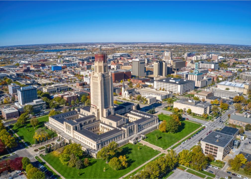 Aerial view of Lincoln and State Capitol building in autumn.