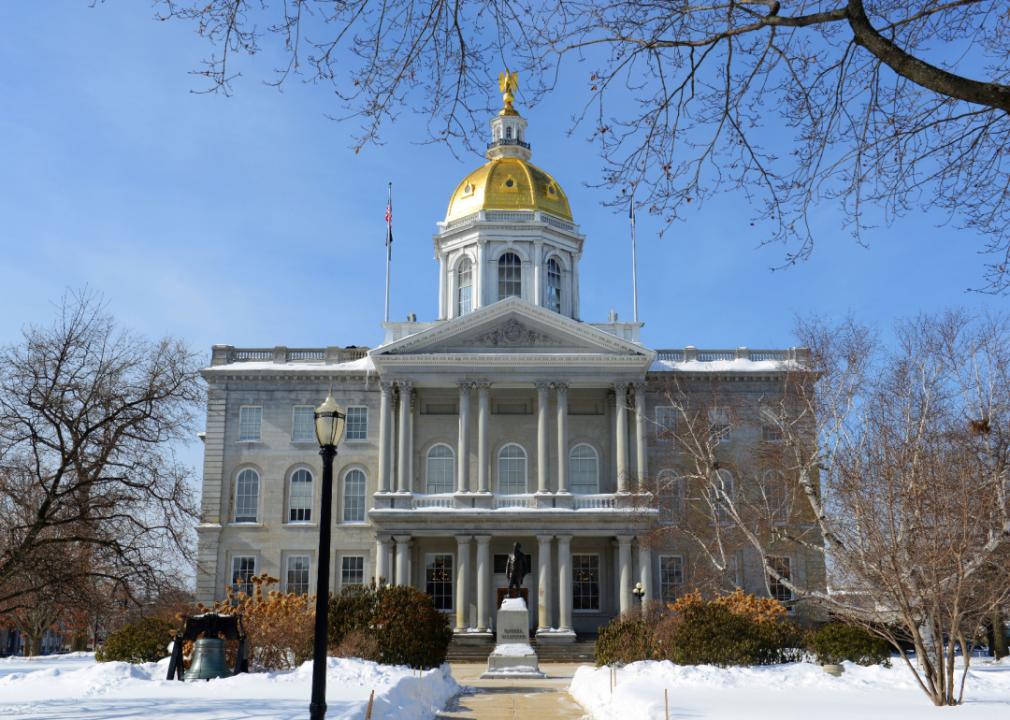 The snowy New Hampshire State House in winter.