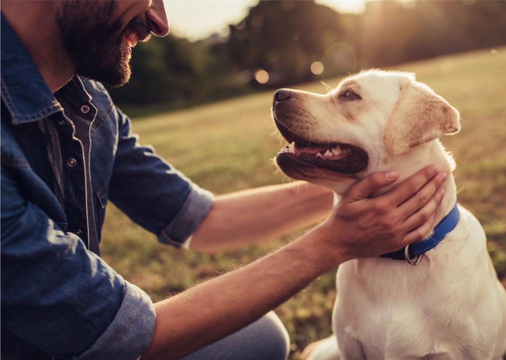 Man with Labrador dog outside