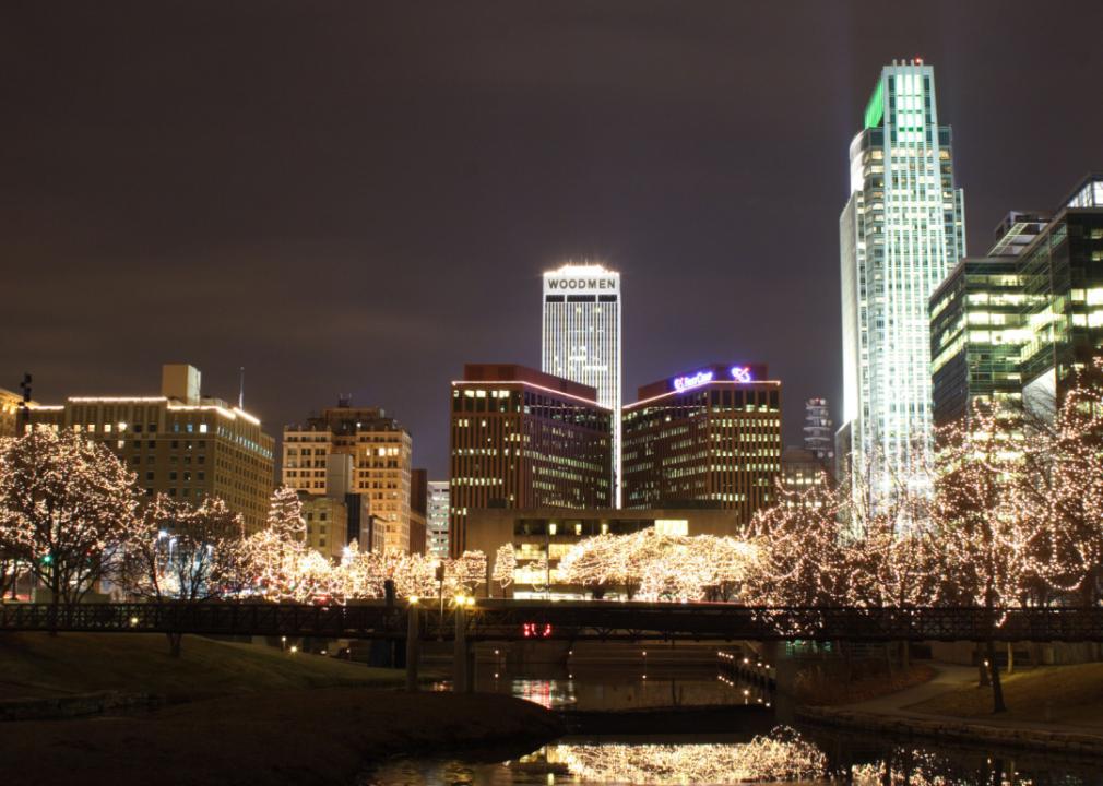 Downtown Omaha trees lit up in white lights.