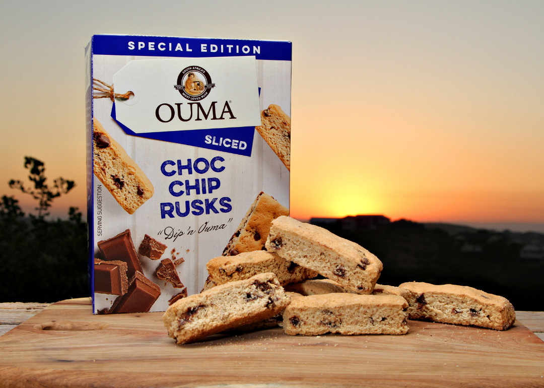 Box of Ouma Chocolate Chip Rusks displayed with sunset horizon.