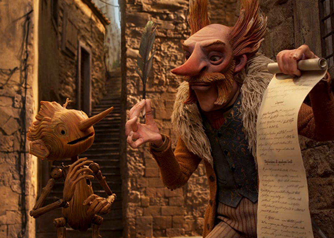 The animated characters Count Volpe and Pinocchio in a scene from ‘Guillermo del Toro's Pinocchio’.