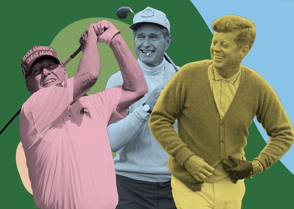 Collage illustration with Donald Trump, George H.W. Bush, and John F. Kennedy playing golf.