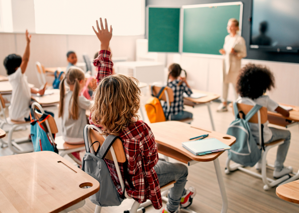 Classroom with students seated at desk teacher at front