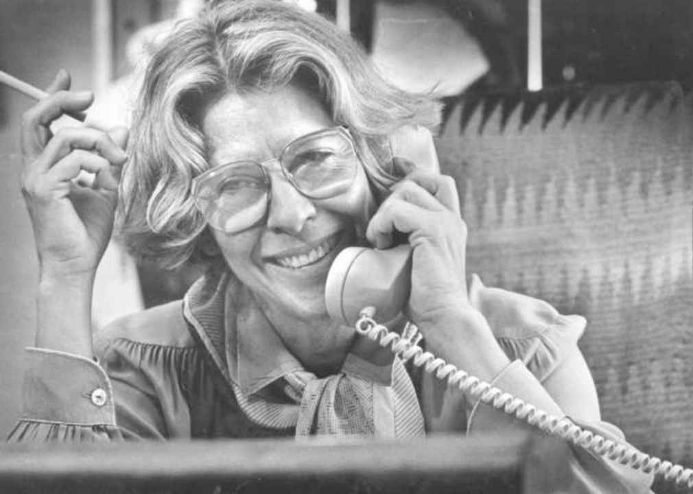 Polly Platt on the phone at her office.