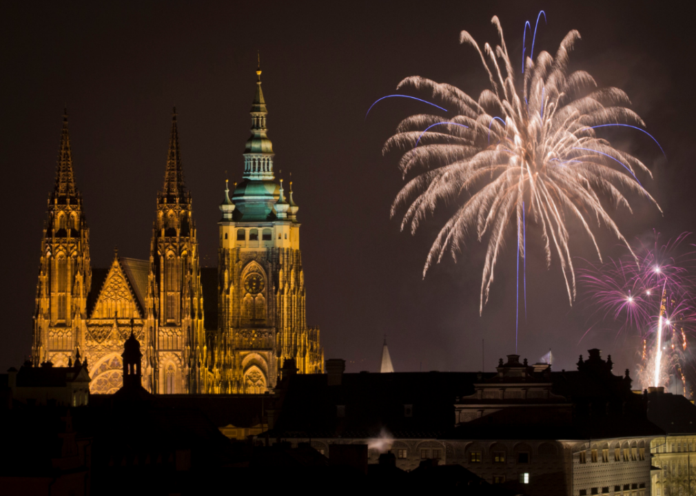 Fireworks next to St. Vitus Cathedral. 