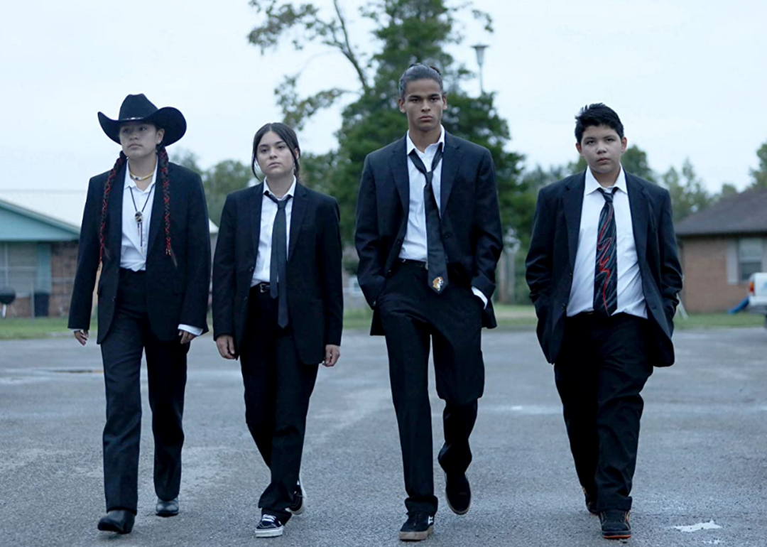 D'Pharaoh Woon-A-Tai, Paulina Alexis, Lane Factor, and Devery Jacobs in Reservation Dogs.